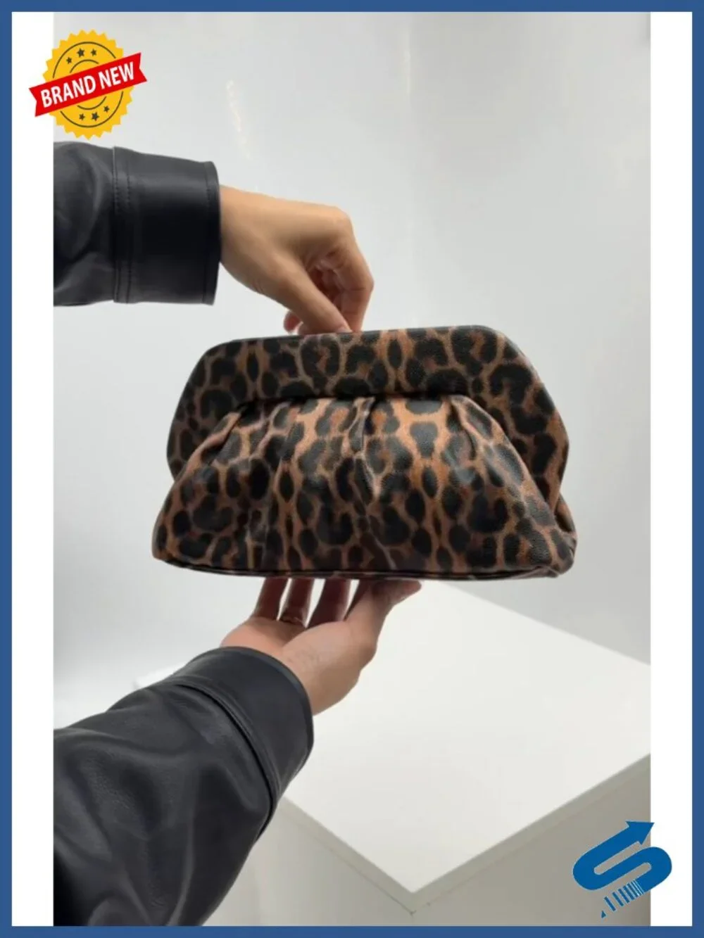 Faux Leather Ruched Leopard Print Clutch Evening Party Bag